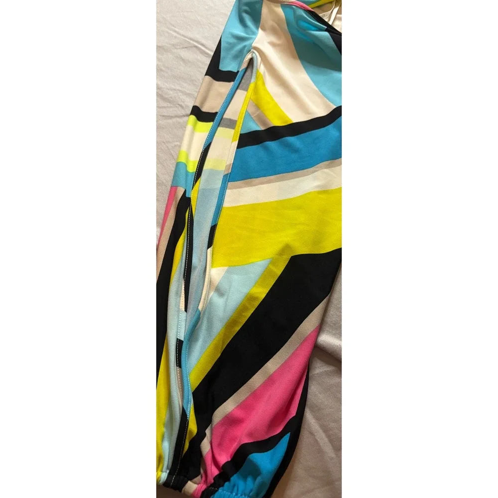 Calvin Klein Women Multi Color Geometric Abstract Cold Shoulder Sheath Dress 6 - Picture 4 of 6